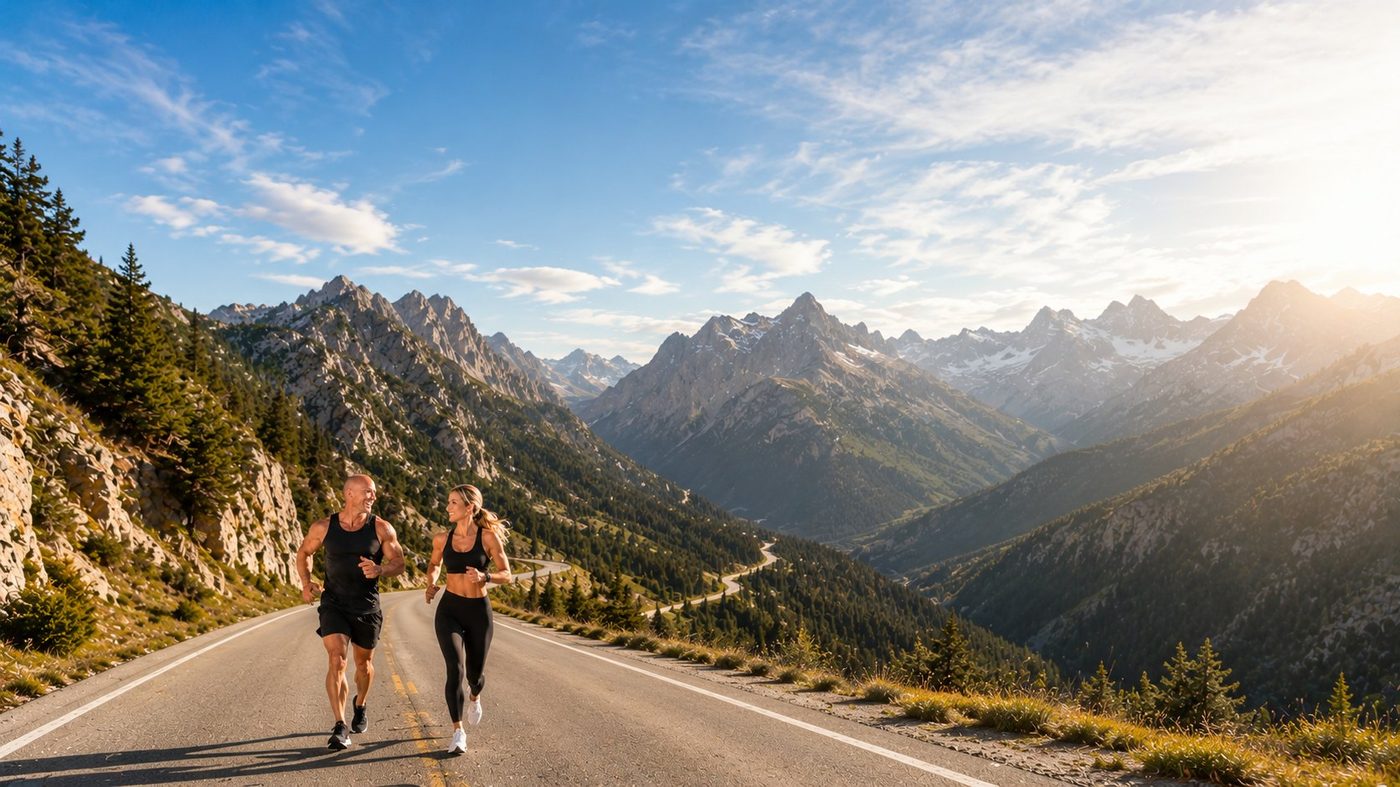 A couple running together on a sunlit mountain road