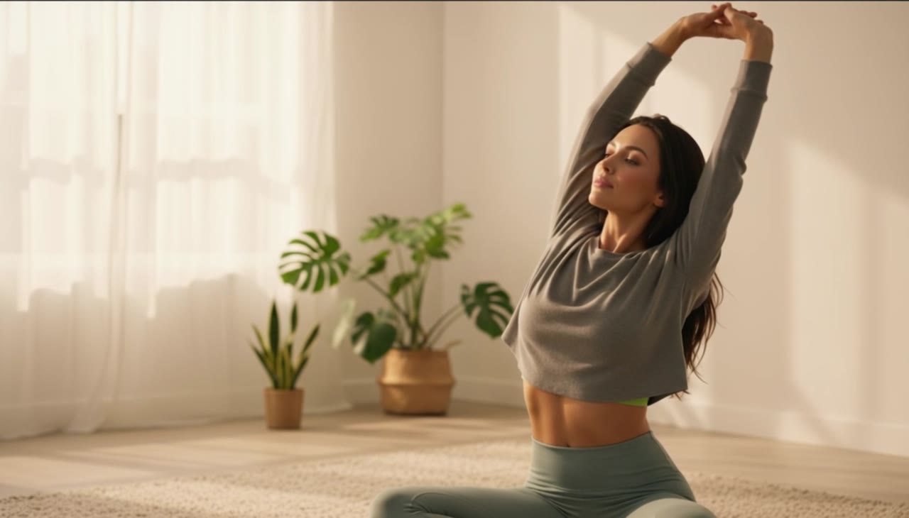 A fit, poised woman stretching in a bright home studio